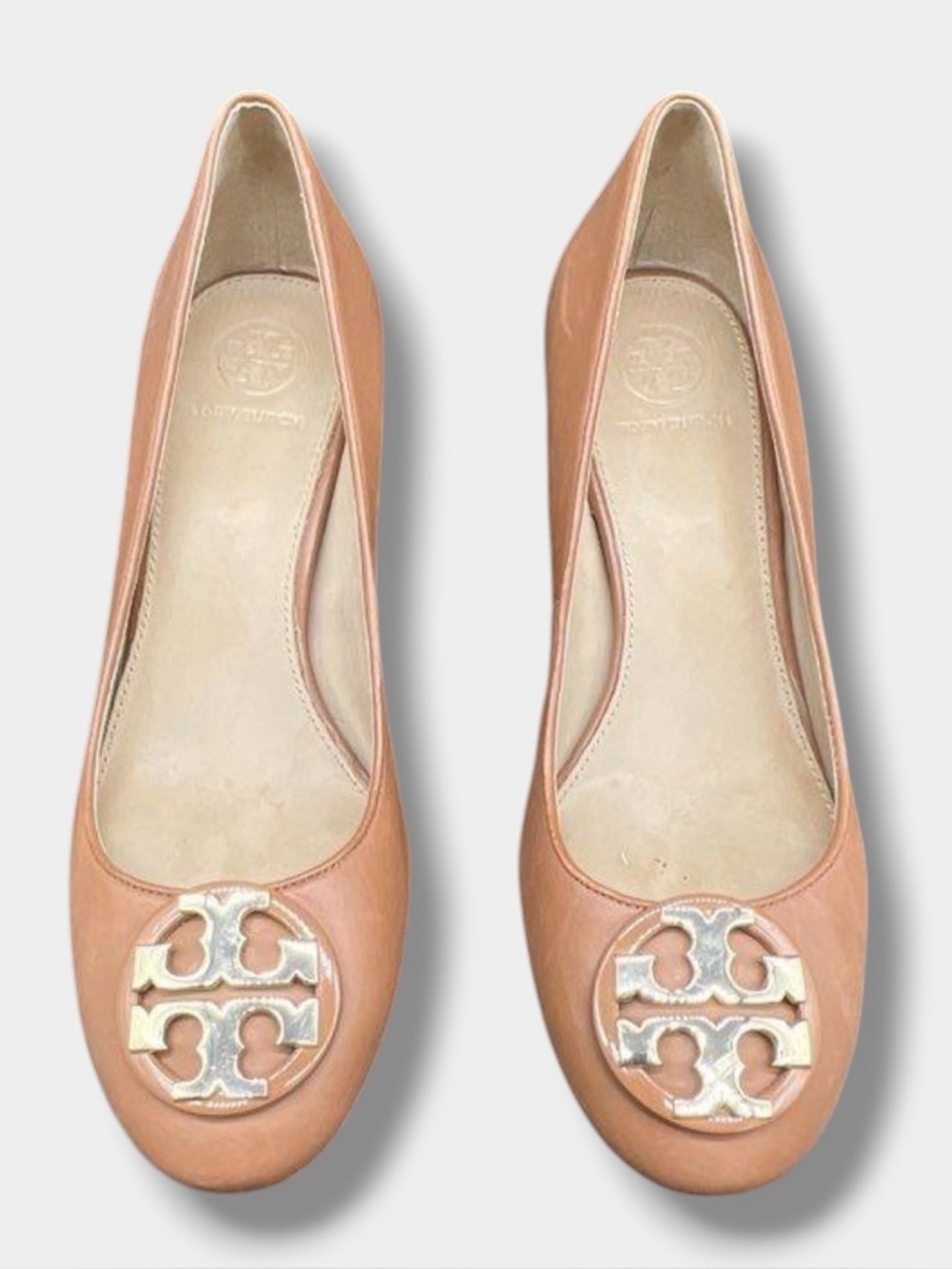 Tory Burch Tan Leather Heels Logo Pumps Size 5.5 - Picture 2 of 7